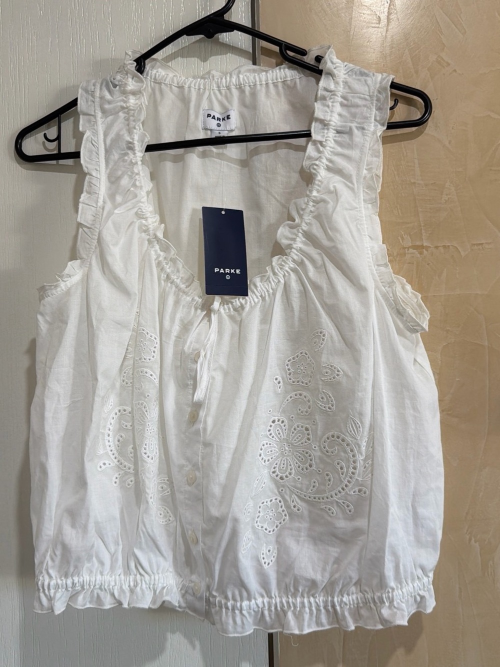 Women’s White Eyelet Ruffle Tie-Front Blouse - Picture 4 of 6